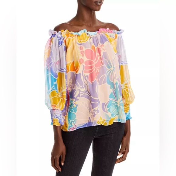Ramy Brook Printed Addison Off-the-shoulder Silk Blouse Top Size XS Floral Beach - Picture 1 of 14